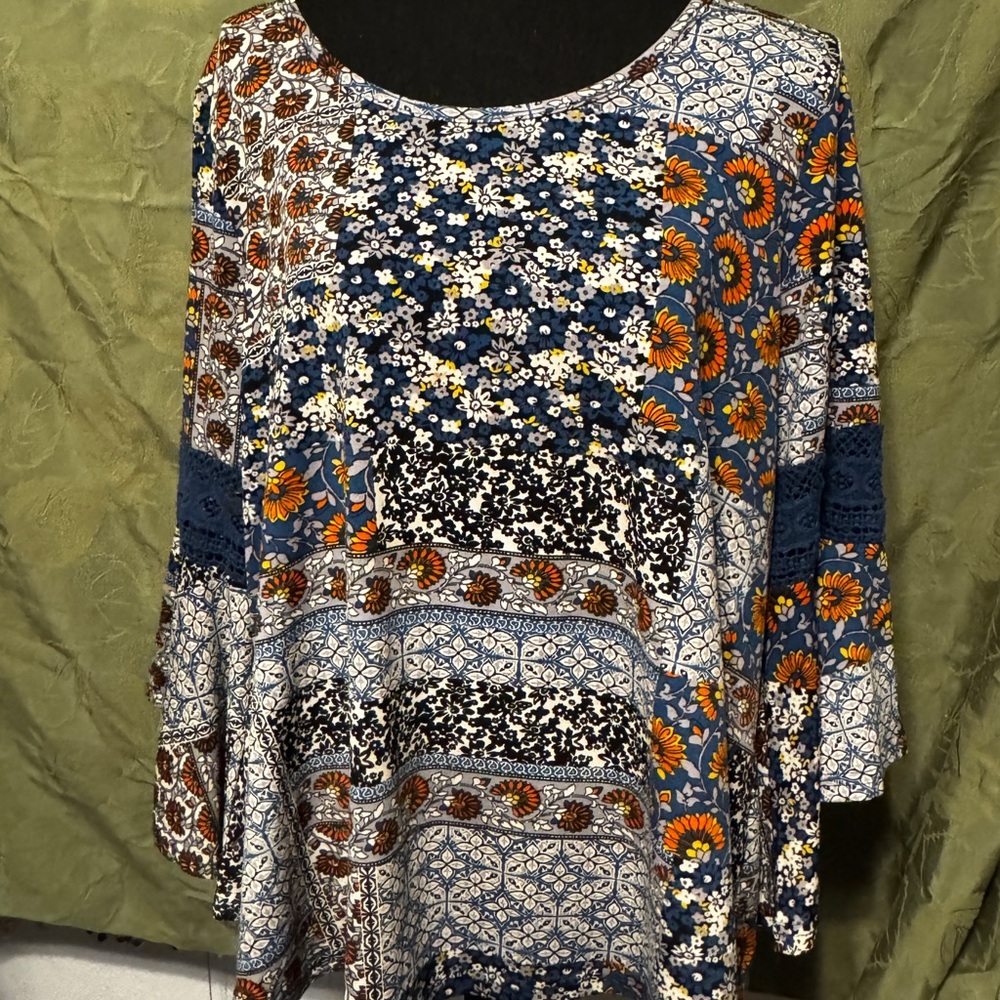 Floral Patchwork Women's Blouse Ruffle Sleeve - Blue, Orange, White Sz 1X